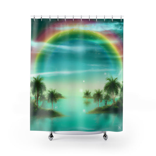 Rainbow Sky over Paradise Island - Shower Curtain