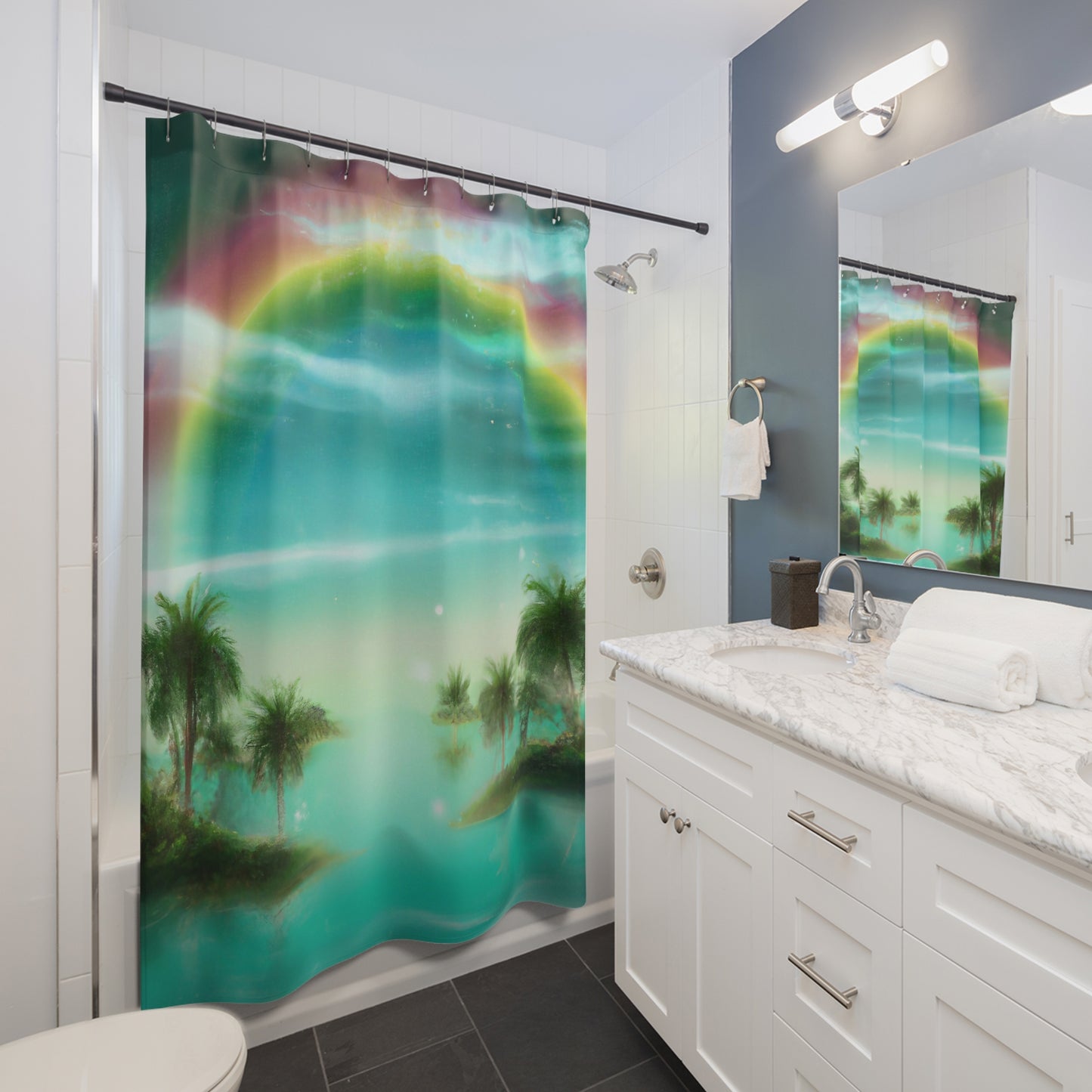 Rainbow Sky over Paradise Island - Shower Curtain